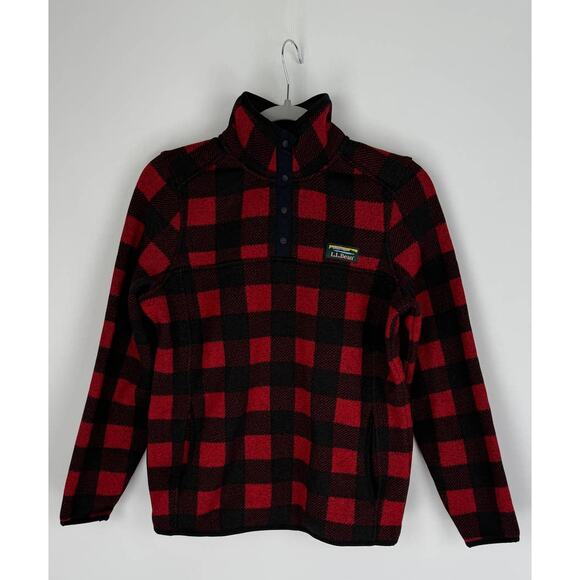 LL Bean Womens Sweater Fleece Pullover Buffalo Plaid Garnet Size XS Petite New - Picture 1 of 10